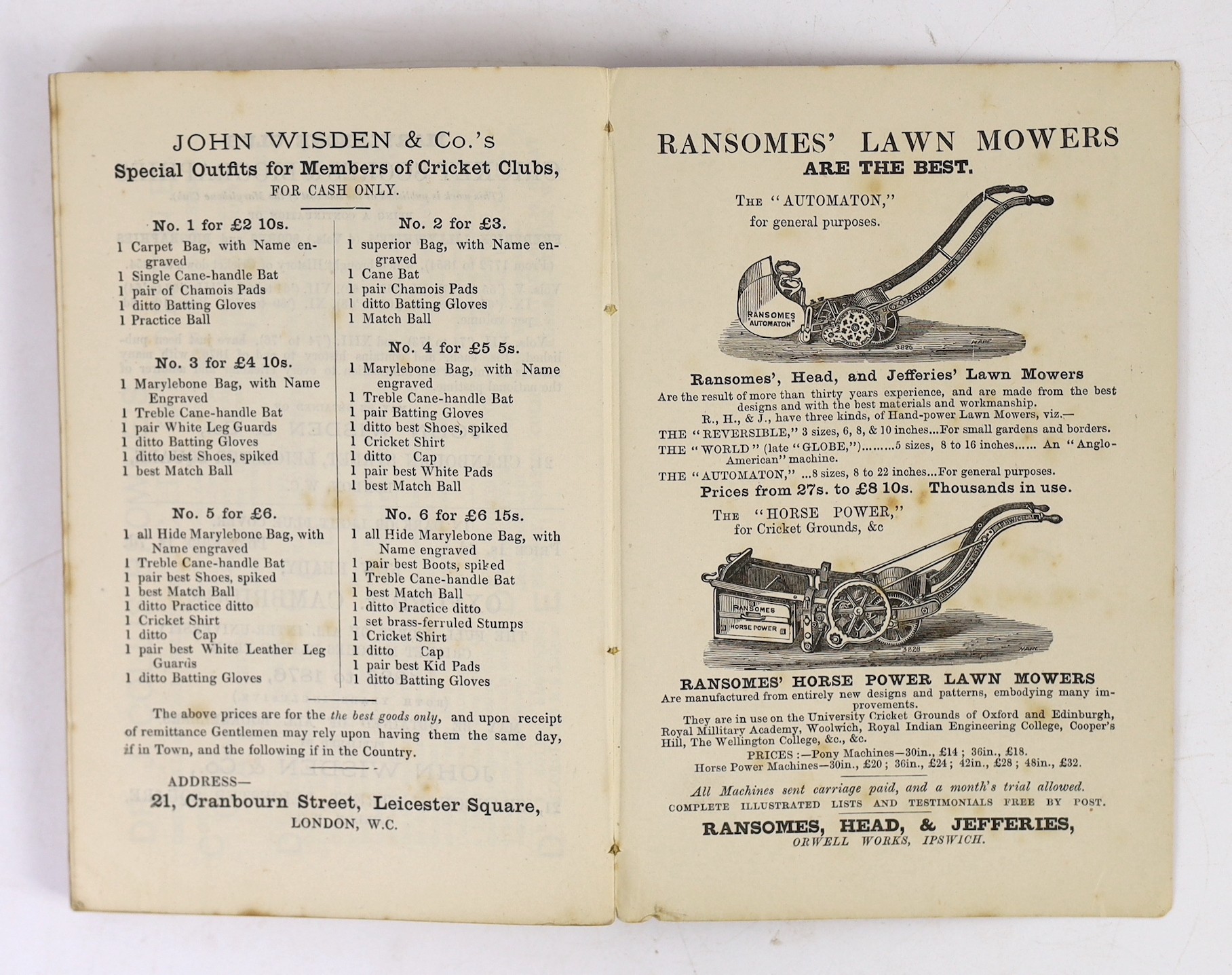 Wisden, John - Cricketers’ Almanack for 1882, 19th edition, original paper wrappers, minor loss to spine head and foot, slight spotting to endpapers.